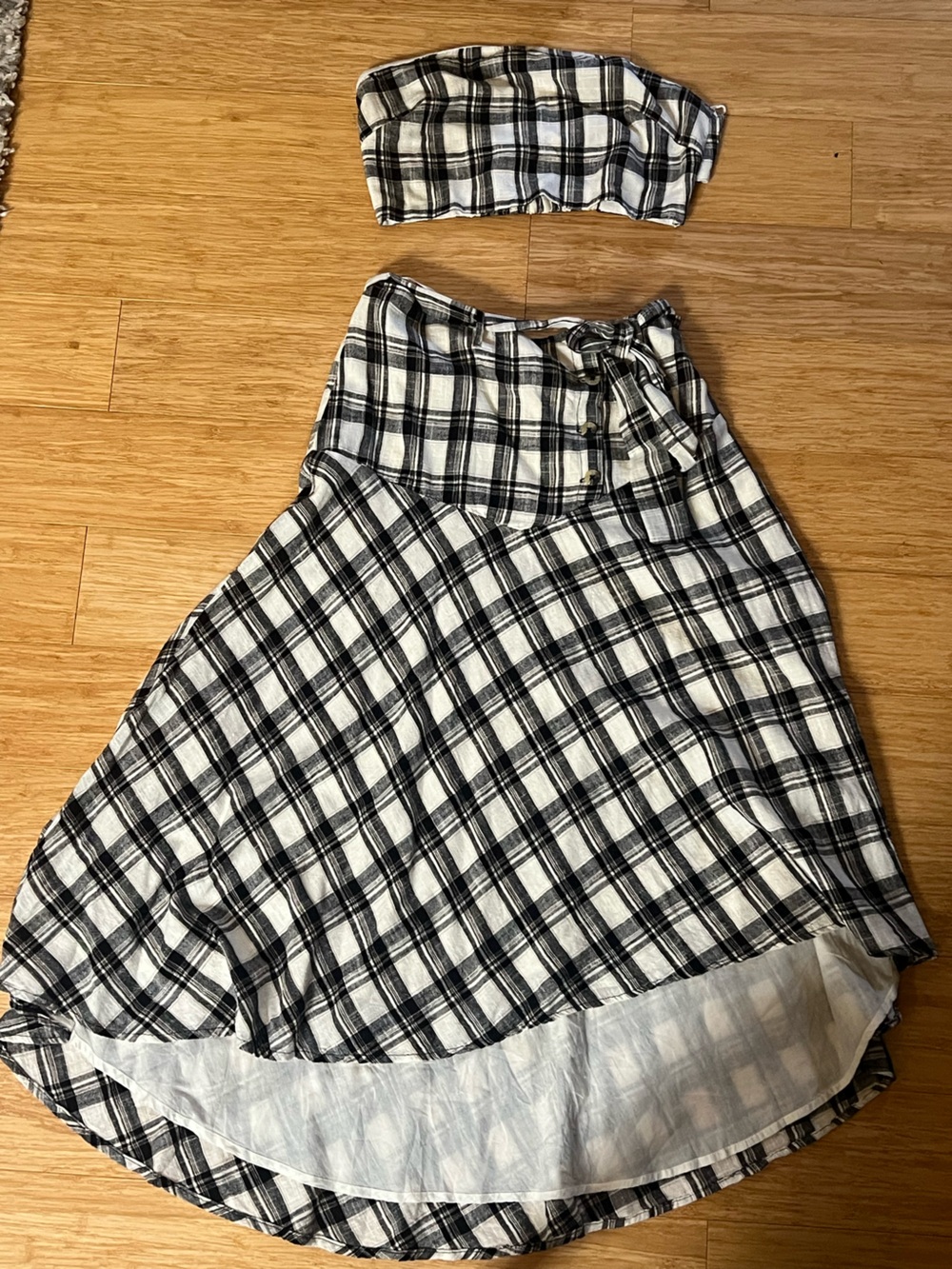 Free People Black and White Plaid Tie-Waist Midi Skirt